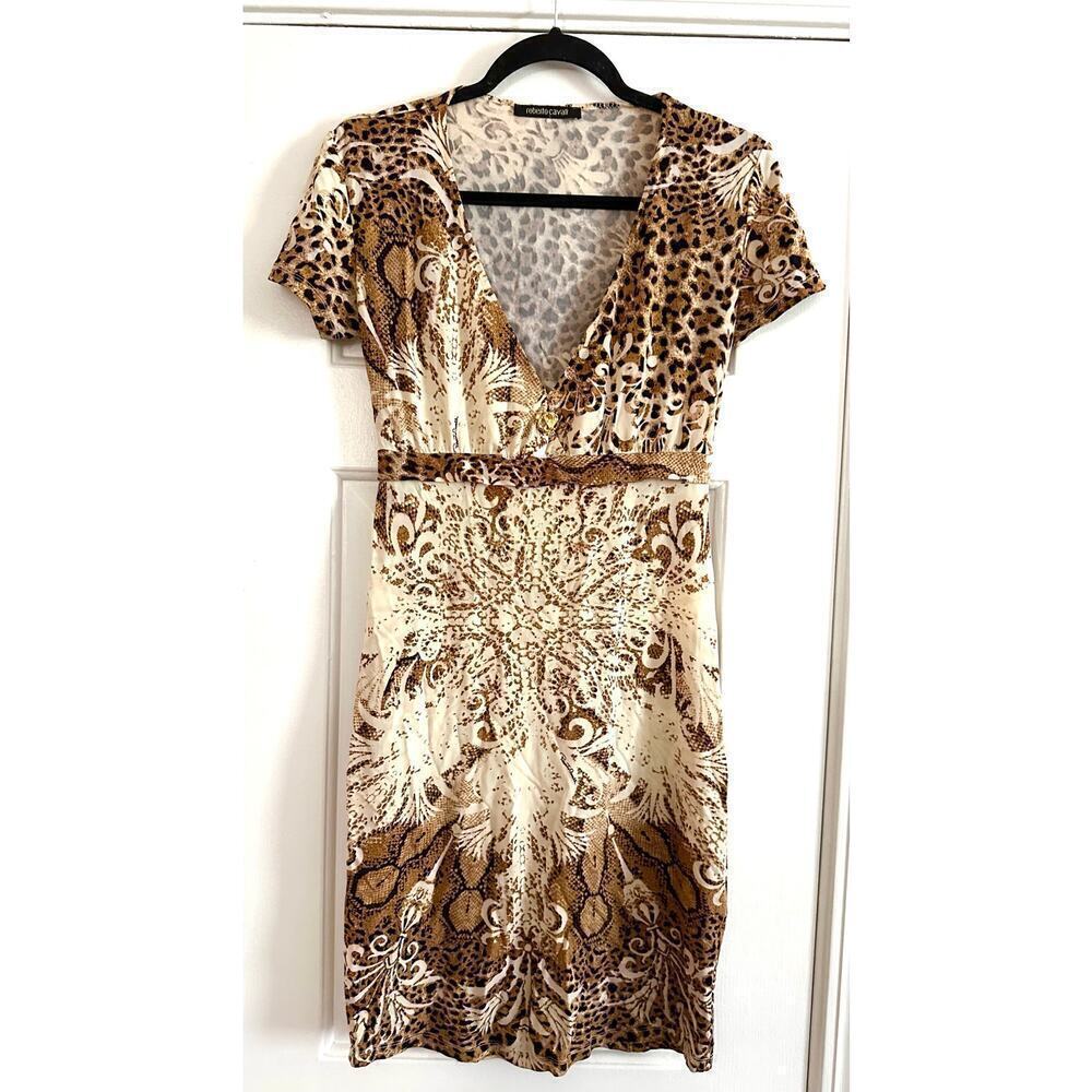 ROBERTO CAVALLI Leopard Floral Animal Snake Print Dress Gold Python Hardware - M - Picture 2 of 11